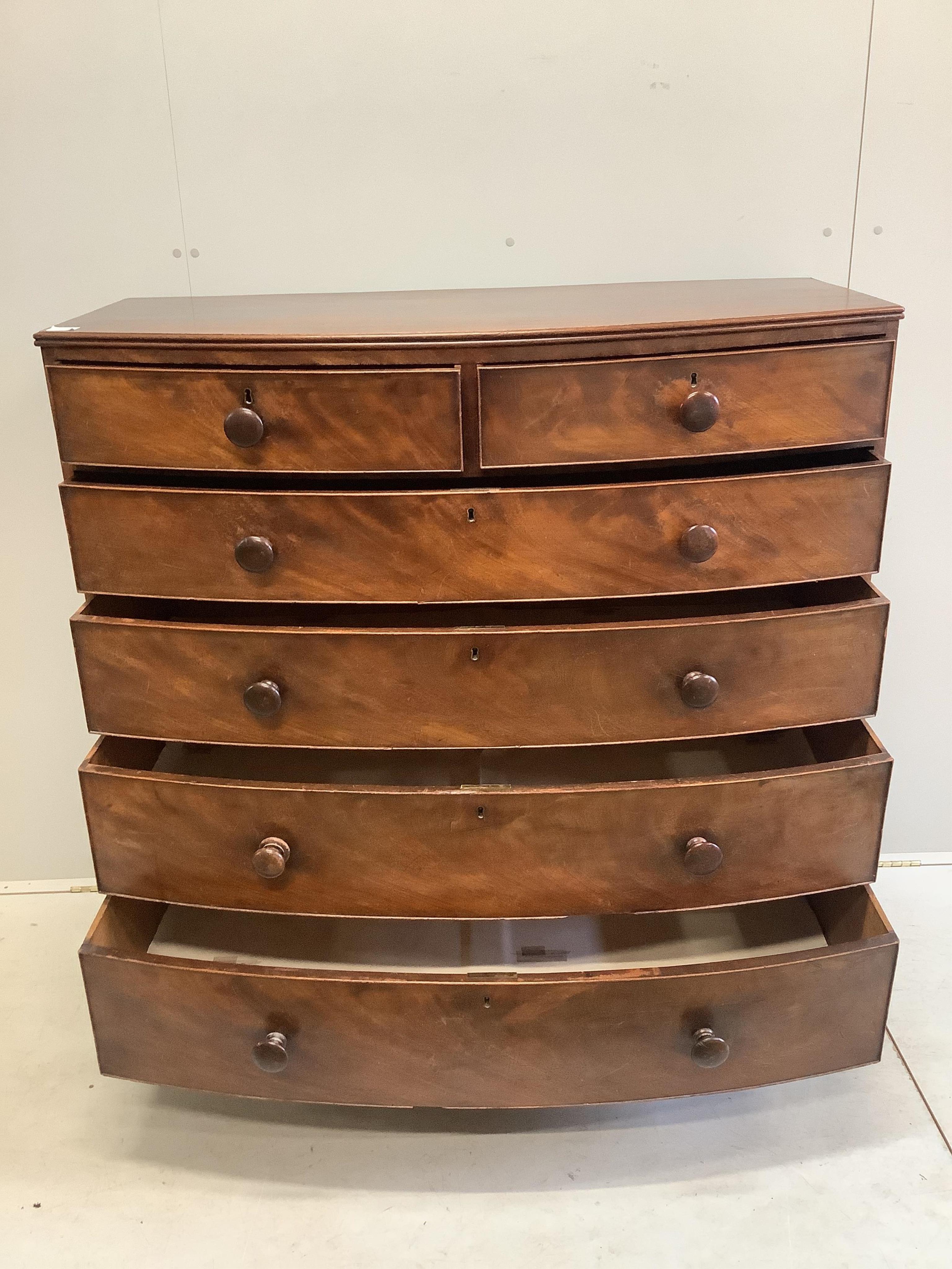 A Victorian mahogany bowfront chest, width 122cm, depth 56cm, height 126cm. Condition - fair